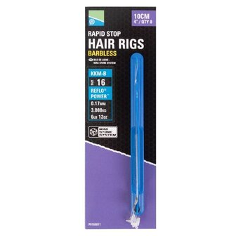 Preston, rapid stop hair rigs, 10cm,barbless, 8 stuks, maten 12 tot en met 18