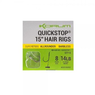 Korum quickstop 15&quot;hair rigs ,Allrounder en weerhaakloos, 38cm, haak 8 of 10 (8st)