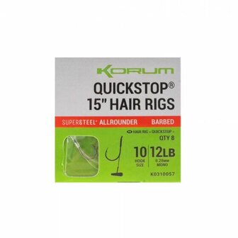 Korum Quickstop 15&quot;hair rigs, allrounder met weerhaak (barbed), haak 10-14/  8 st.