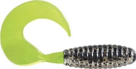 Twistershad 7-10cm, silvergliier-blackback&amp; chartreuse twisterstaart 4 stuks