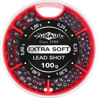 Lood Distributeur 100 gr 6-vaks, rood,lead shot extra soft van  0.2 gr naar 1 gr