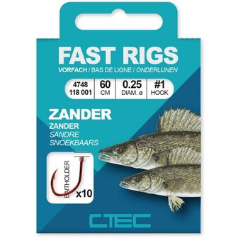 Ctec fast rigs Zander, onderlijnen voor roofvis met baitholder haak rood. 60 cm, 10 st