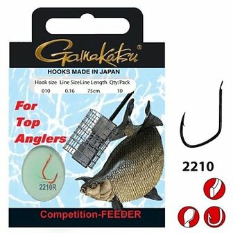 Gamakatsu Competition Feeder onderlijnen,met 2210 R haak nr 10, nylon 0,16  en lengte75, 10 st